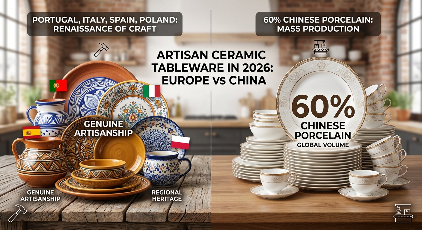 Artisan ceramic tableware in 2026: Portugal, Italy, Spain and Poland versus 60% Chinese porcelain